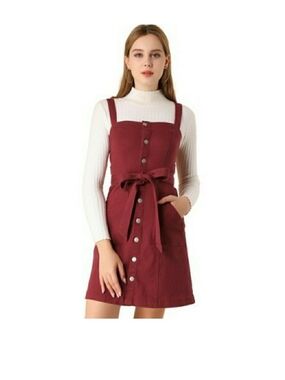 Sleeveless Button-Front Burgundy Denim Dress with Tie Waist